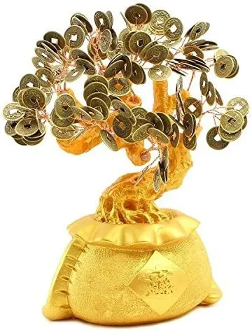 避邪十帝币招财摇钱树 Large 9" Feng Shui Money Tree Gold Coin Fortune Bag Pot Feng Shui Bonsai Style Prosperous Gathering w Qing Dynasty Lucky Coins