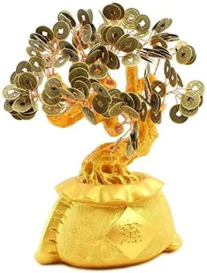 避邪十帝币招财摇钱树 Large 9" Feng Shui Money Tree Gold Coin Fortune Bag Pot Feng Shui Bonsai Style Prosperous Gathering w Qing Dynasty Lucky Coins