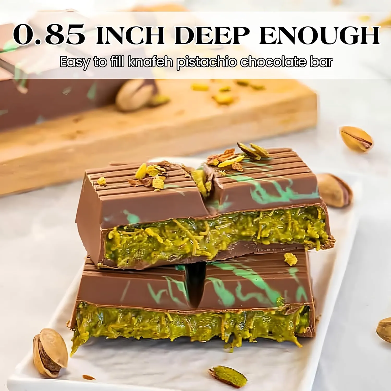 1 Pc Chocolate Bar Mold Deep Dubai 0.85 Inch Stuffed Large Chocolate Molds Silicone Break Apart Thick Silicone Molds for Candy Bar, With 100 Pcs Wrappers and 1 Pc Scrapers Set (8 Snap）
