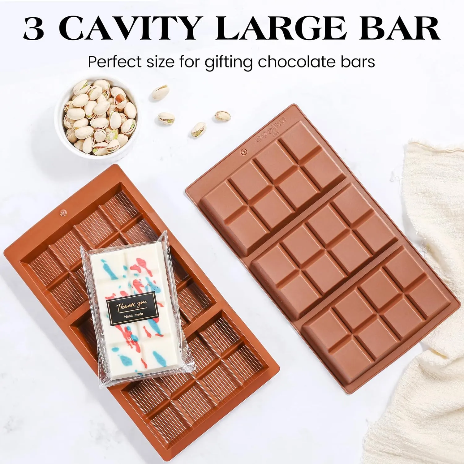 1 Pc Chocolate Bar Mold Deep Dubai 0.85 Inch Stuffed Large Chocolate Molds Silicone Break Apart Thick Silicone Molds for Candy Bar, With 100 Pcs Wrappers and 1 Pc Scrapers Set (8 Snap）