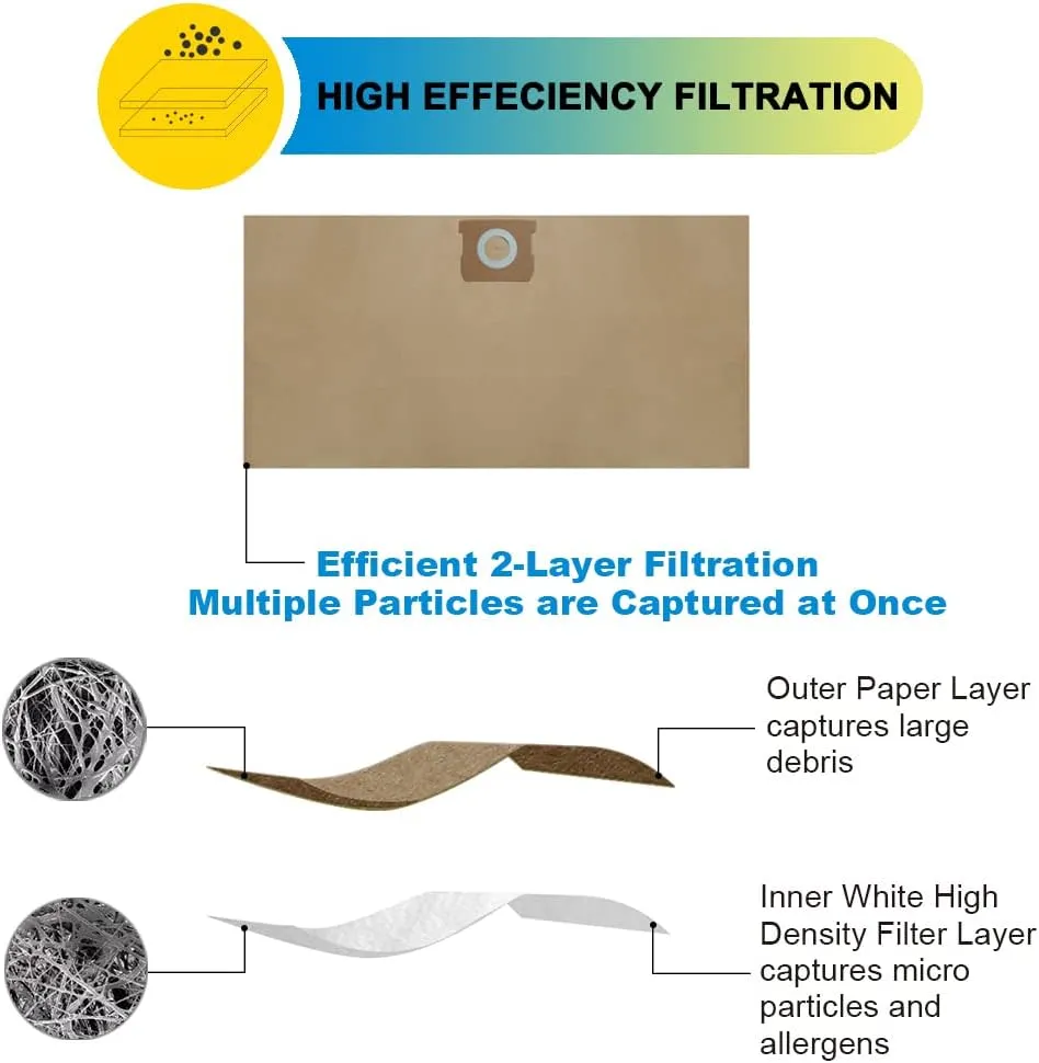 10 Pack High Efficiency Replacement Filter Bags for DEWALT 6 to 10 Gallon Wet/Dry Vacs - Part # DEWALT DXVA19-4101
