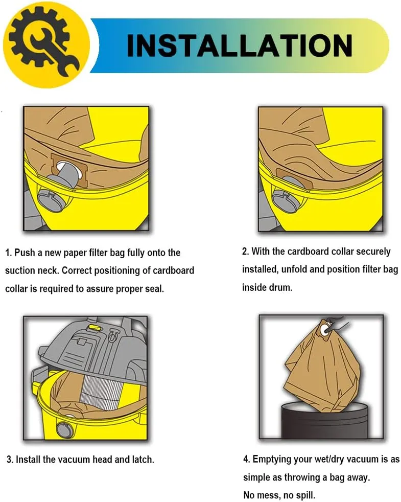10 Pack High Efficiency Replacement Filter Bags for DEWALT 6 to 10 Gallon Wet/Dry Vacs - Part # DEWALT DXVA19-4101