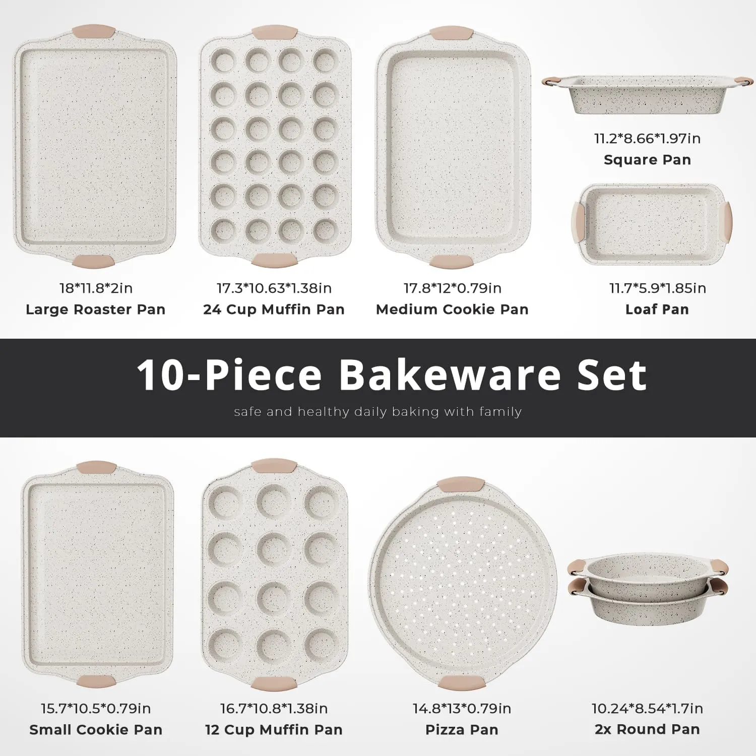 10-Piece Baking Pans Set Nonstick, Stackable Bakeware, Toxin-Free Baking Pans Set with Silicone Handles, Includes Cookie Sheets, Cake Pan, Loaf Pan, Pizza Pan, Muffin Pan, White&Khaki