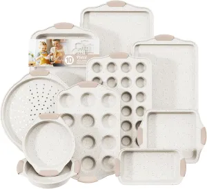 10-Piece Baking Pans Set Nonstick, Stackable Bakeware, Toxin-Free Baking Pans Set with Silicone Handles, Includes Cookie Sheets, Cake Pan, Loaf Pan, Pizza Pan, Muffin Pan, White&Khaki