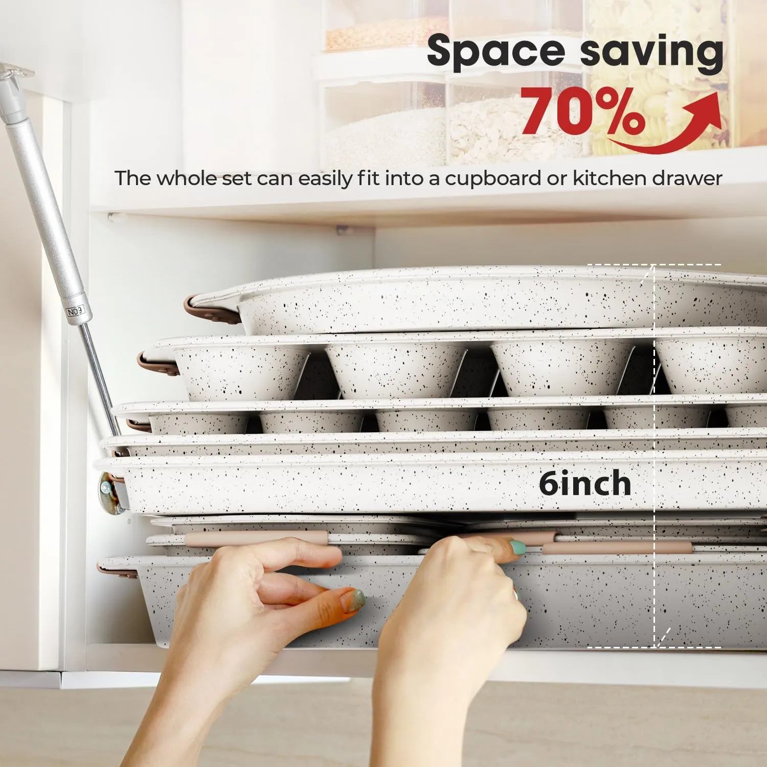 10-Piece Baking Pans Set Nonstick, Stackable Bakeware, Toxin-Free Baking Pans Set with Silicone Handles, Includes Cookie Sheets, Cake Pan, Loaf Pan, Pizza Pan, Muffin Pan, White&Khaki