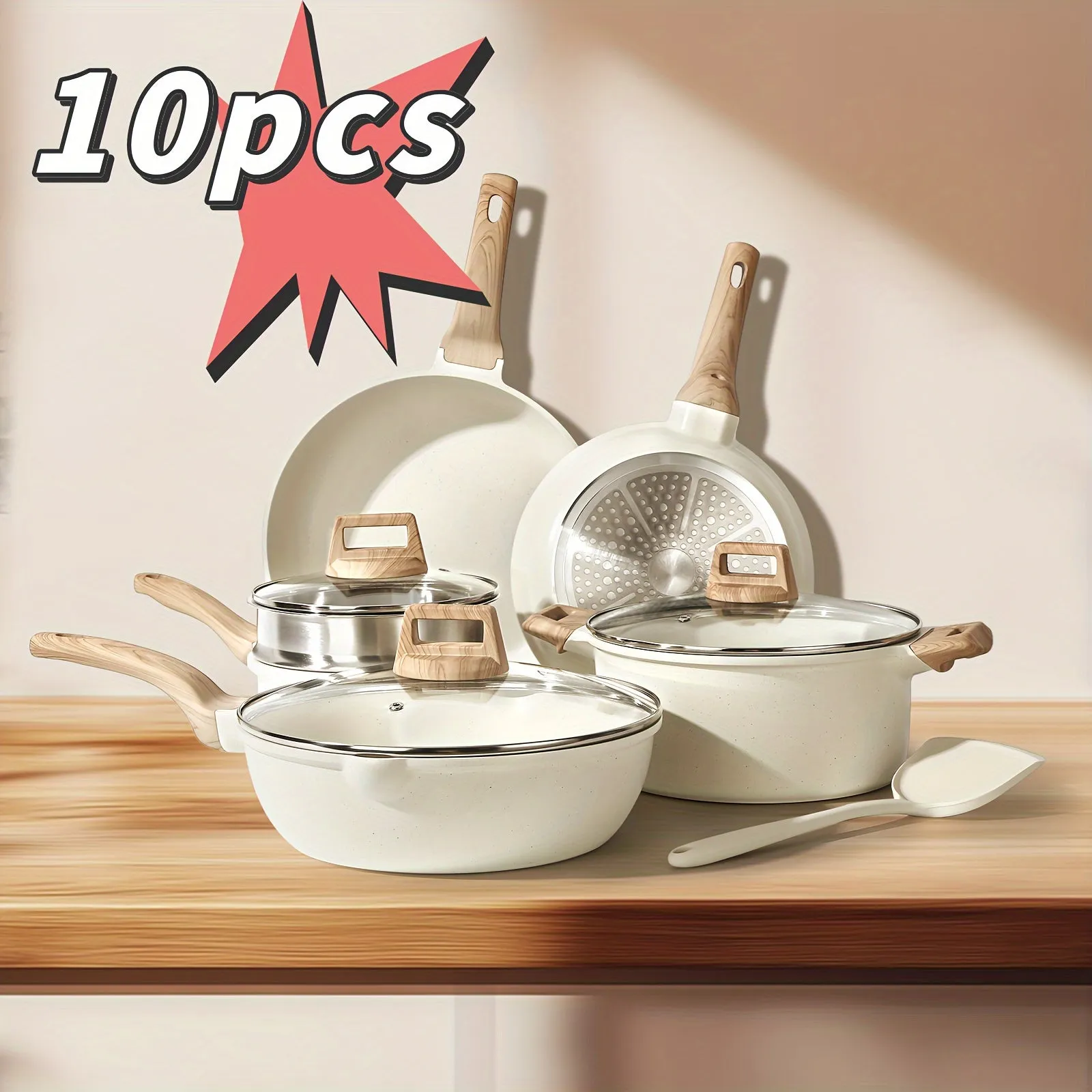 10-Piece Nonstick Granite Cookware Set – White Frying Pan, Saute Pan, Casserole, Saucepans & More
