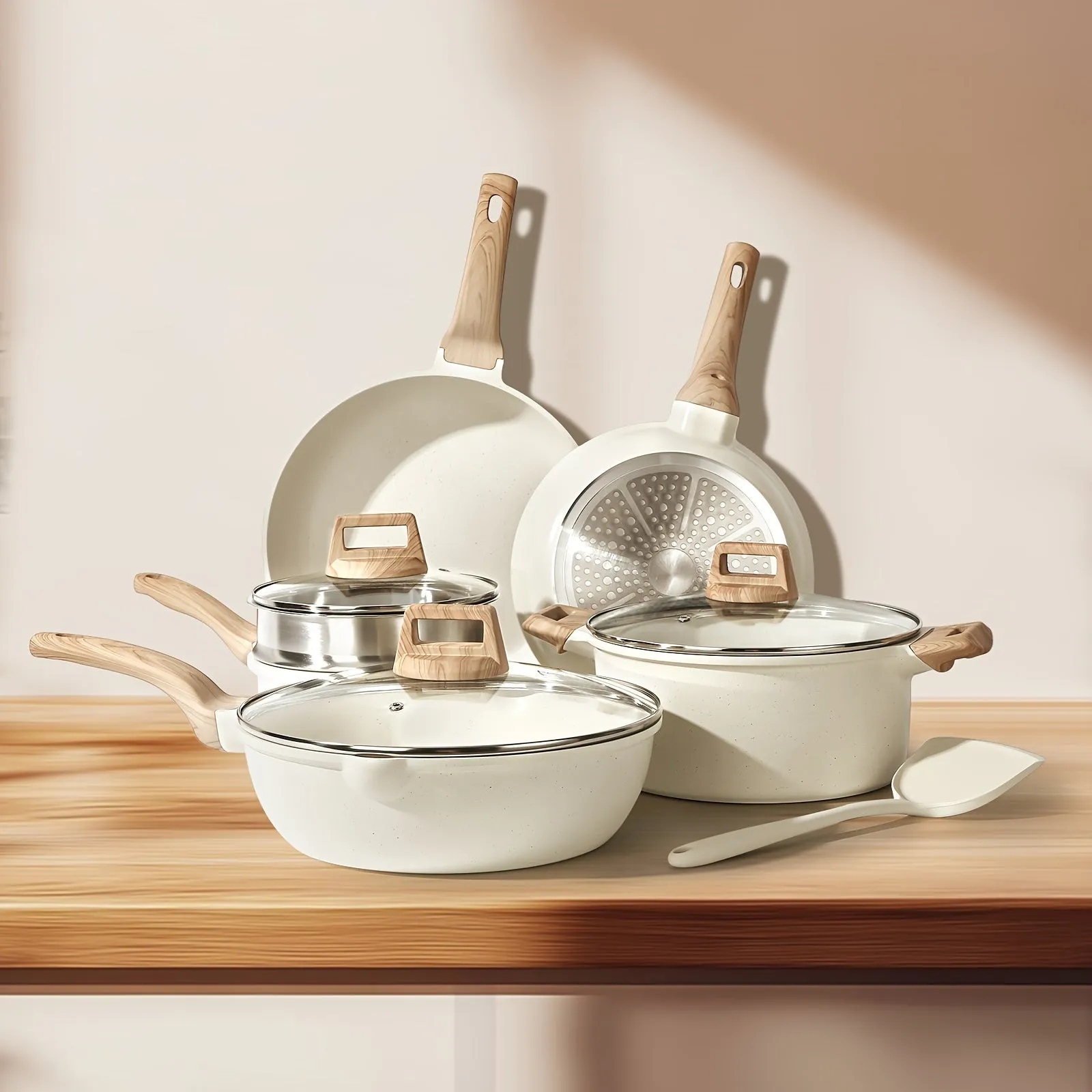 10-Piece Nonstick Granite Cookware Set – White Frying Pan, Saute Pan, Casserole, Saucepans & More