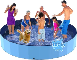 107'' Foldable Dog Pool, Kiddie Pool, Heavy Duty Non-Slip Plastic Pet Wading Pool for Large Dogs, Indoor and Outdoor Kids Pet Dog Bathtub