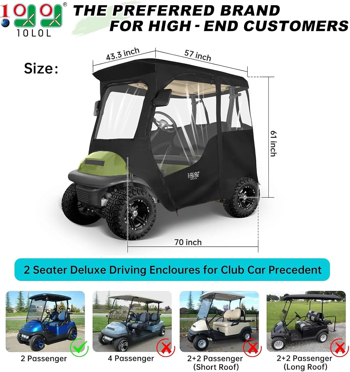 10L0L 2 Passenger Golf Cart Driving Enclosure for Club Car Precedent (Short Roof), 4-Sided Clear Window 600D Rain Cover All Weather Windproof Waterproof