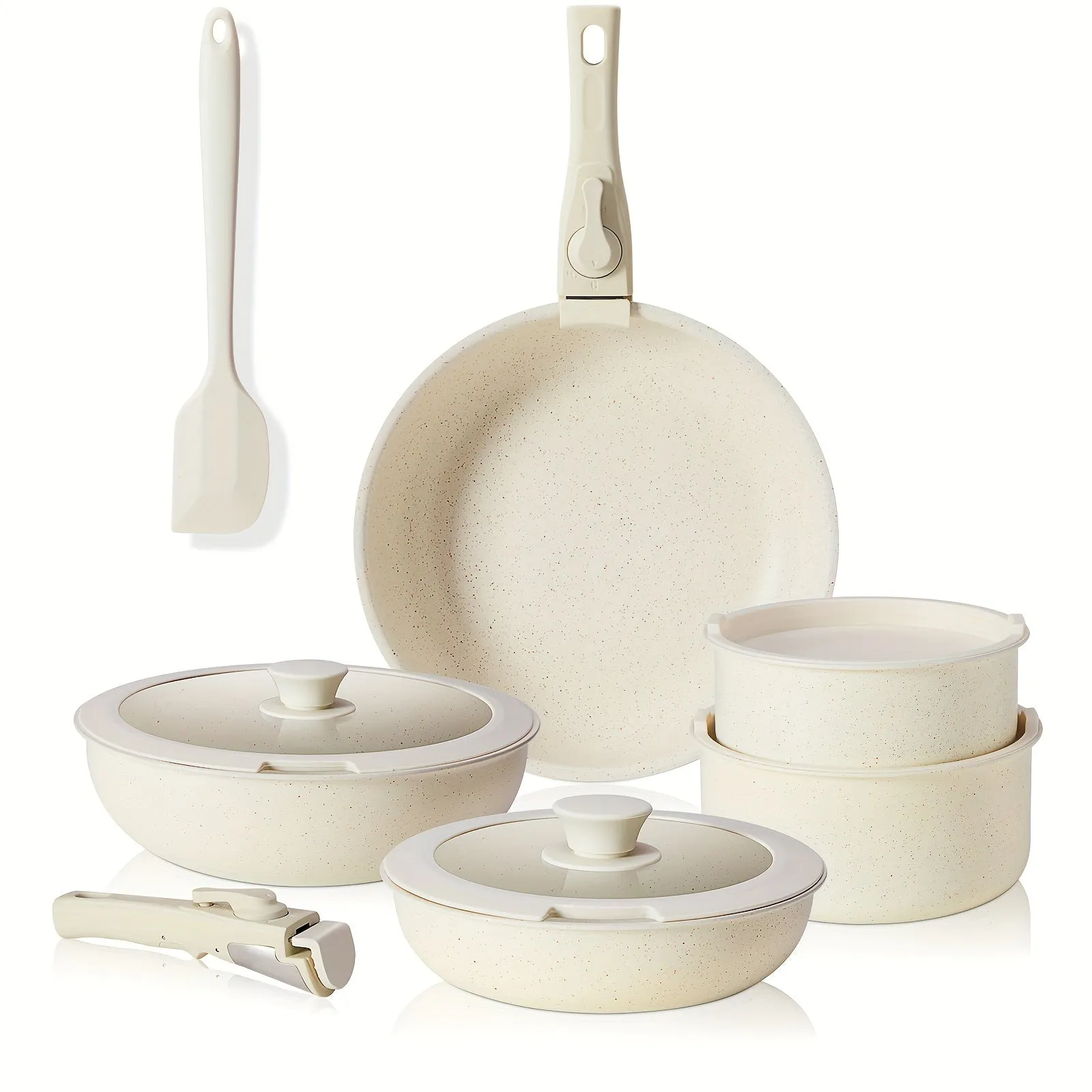 12pcs OLIXIS Nonstick Cookware Set with Detachable Handles – Beige Kitchen Essentials