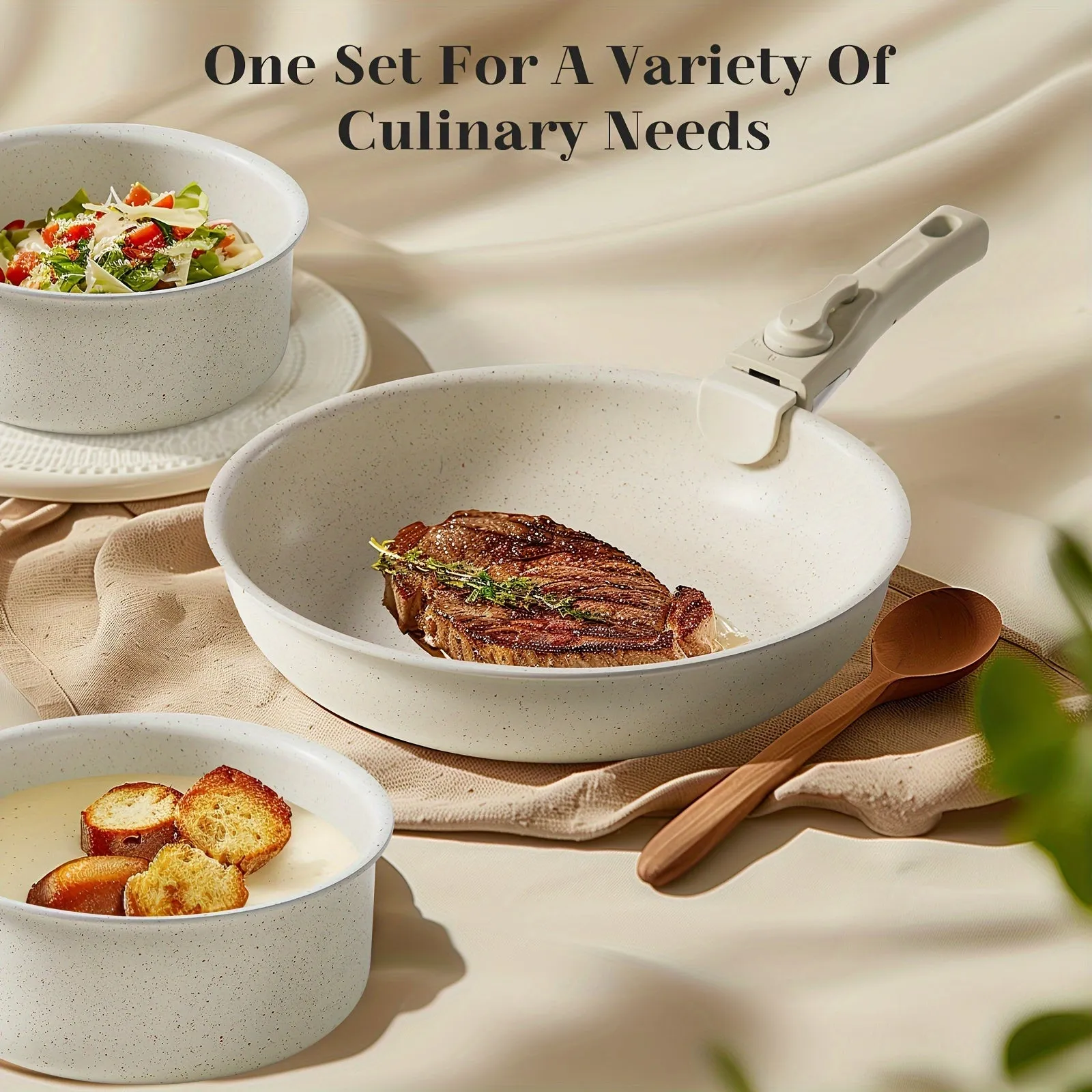 12pcs OLIXIS Nonstick Cookware Set with Detachable Handles – Beige Kitchen Essentials