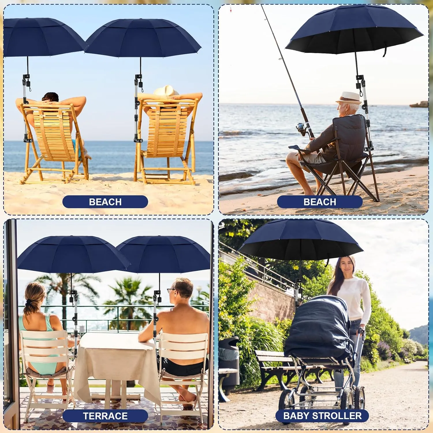 2 Pcs Large Double Canopy Beach Umbrella with Adjustable Clamp Inverted Golf Portable Compact Sun Umbrella for Chair Stroller Golf Cart Patio Fishing