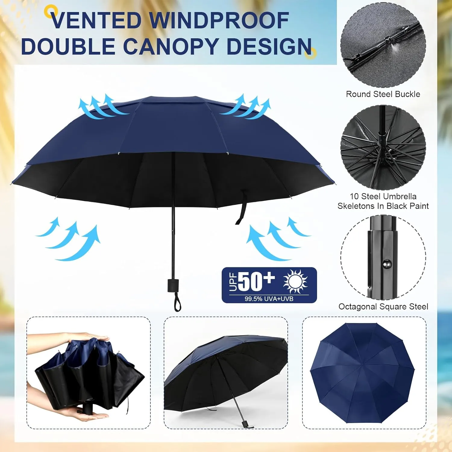 2 Pcs Large Double Canopy Beach Umbrella with Adjustable Clamp Inverted Golf Portable Compact Sun Umbrella for Chair Stroller Golf Cart Patio Fishing