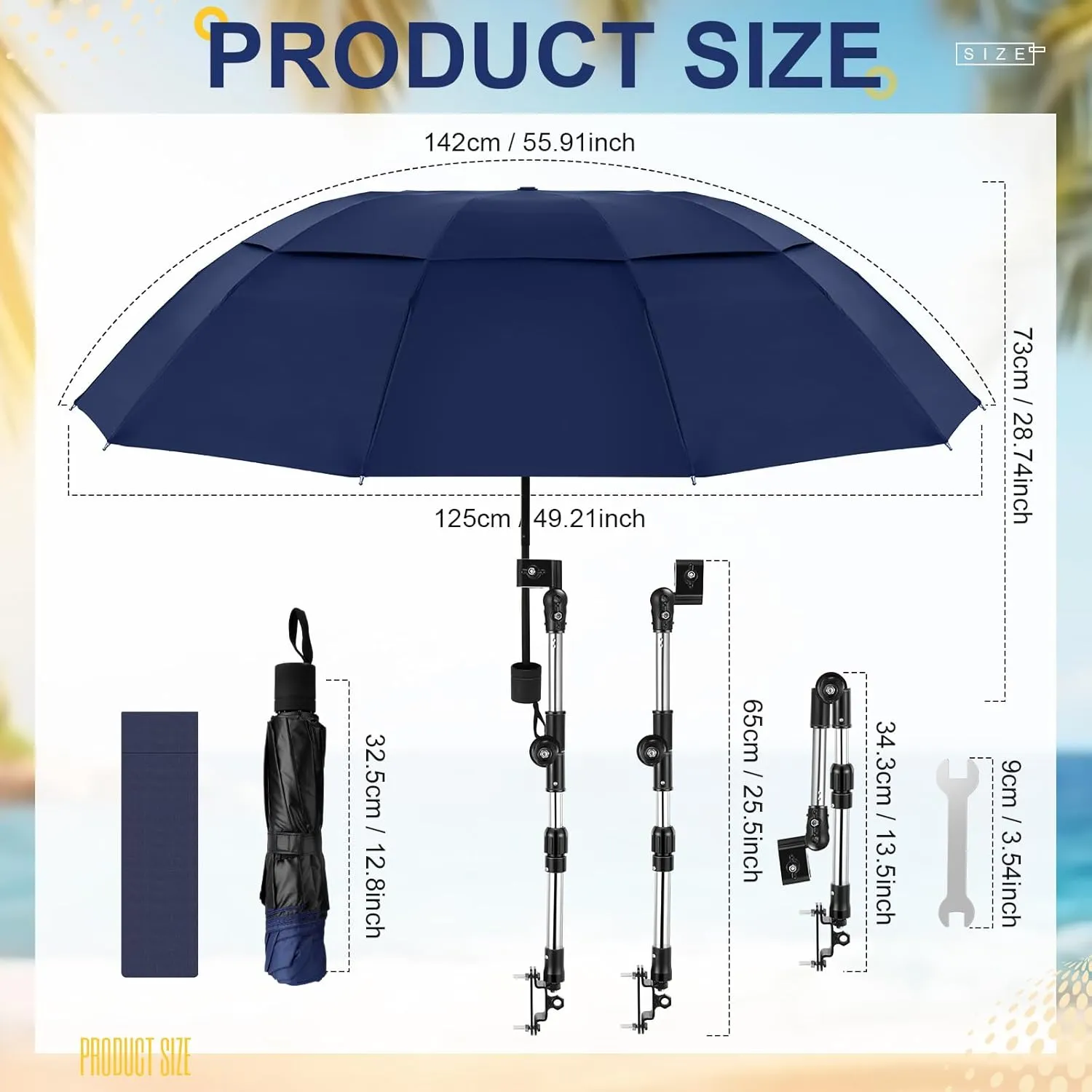 2 Pcs Large Double Canopy Beach Umbrella with Adjustable Clamp Inverted Golf Portable Compact Sun Umbrella for Chair Stroller Golf Cart Patio Fishing