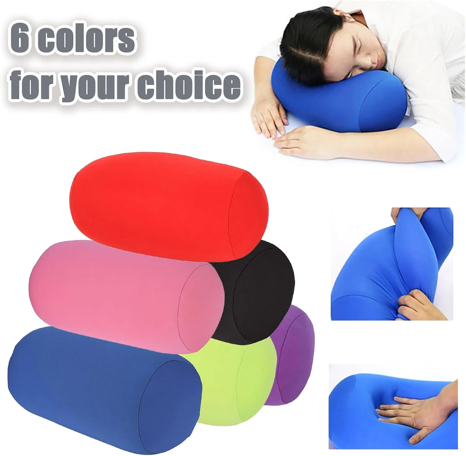 2 Pcs Microbead Bolster Tube Pillow, Squishy Neck Arm Back Support Roll Body Cushion Pillows Cylinder Bean Bag Throw Pillow for Plane Car Travel Recliner Sleeping, 11.8 x 6.3 Inch, Purple   Green