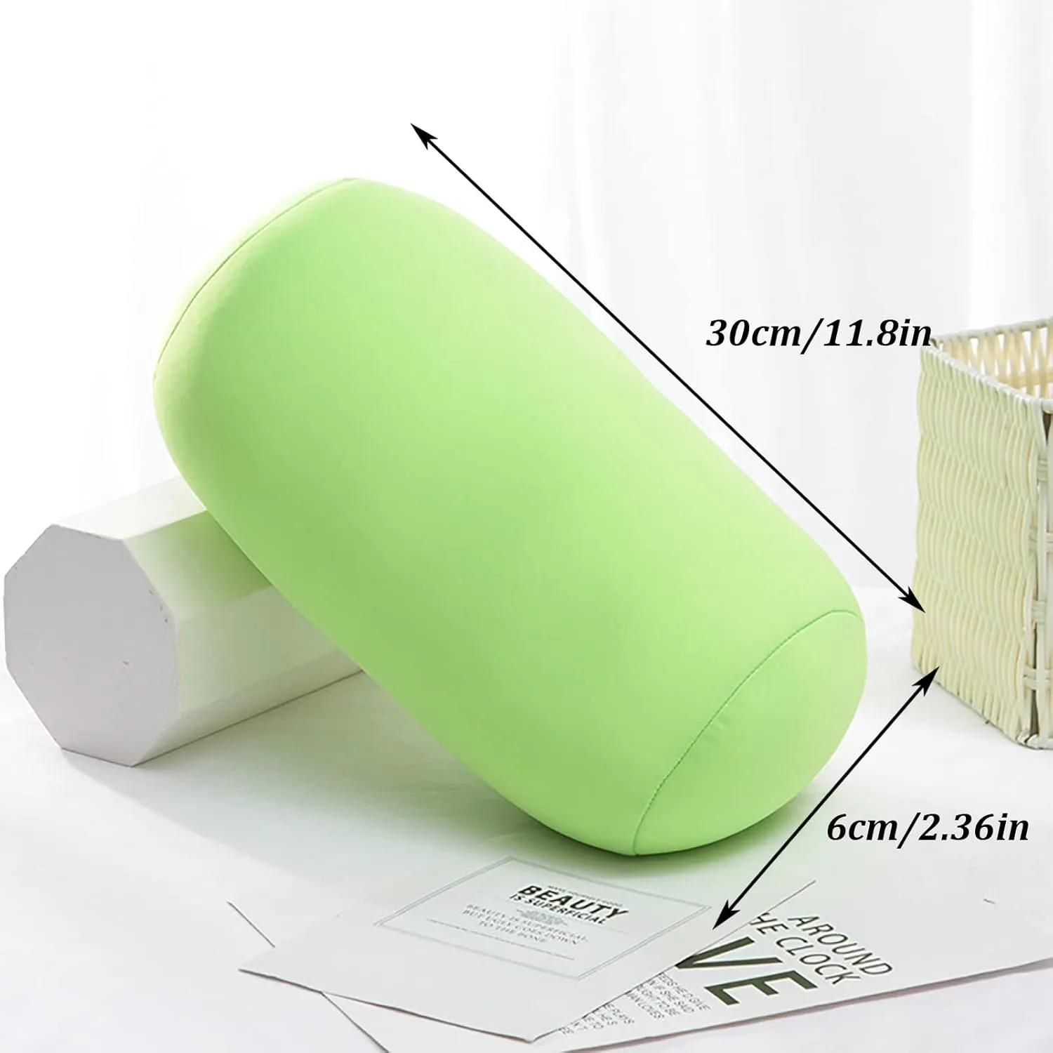 2 Pcs Microbead Bolster Tube Pillow, Squishy Neck Arm Back Support Roll Body Cushion Pillows Cylinder Bean Bag Throw Pillow for Plane Car Travel Recliner Sleeping, 11.8 x 6.3 Inch, Purple   Green