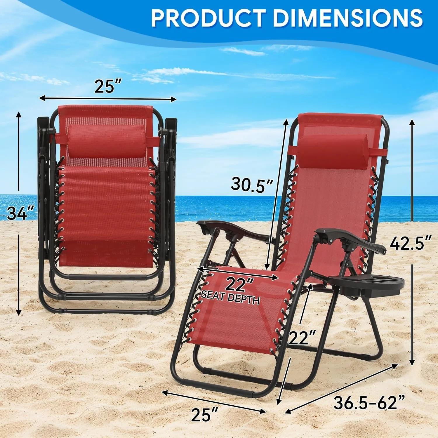 2 pcs Zero Gravity Lounge Chair, Foldable Patio Recliners with Cup Holder Tray & Ergonomic Headrest for Outdoor, Beach, Camping, CAAP-BCC-C2P-MR