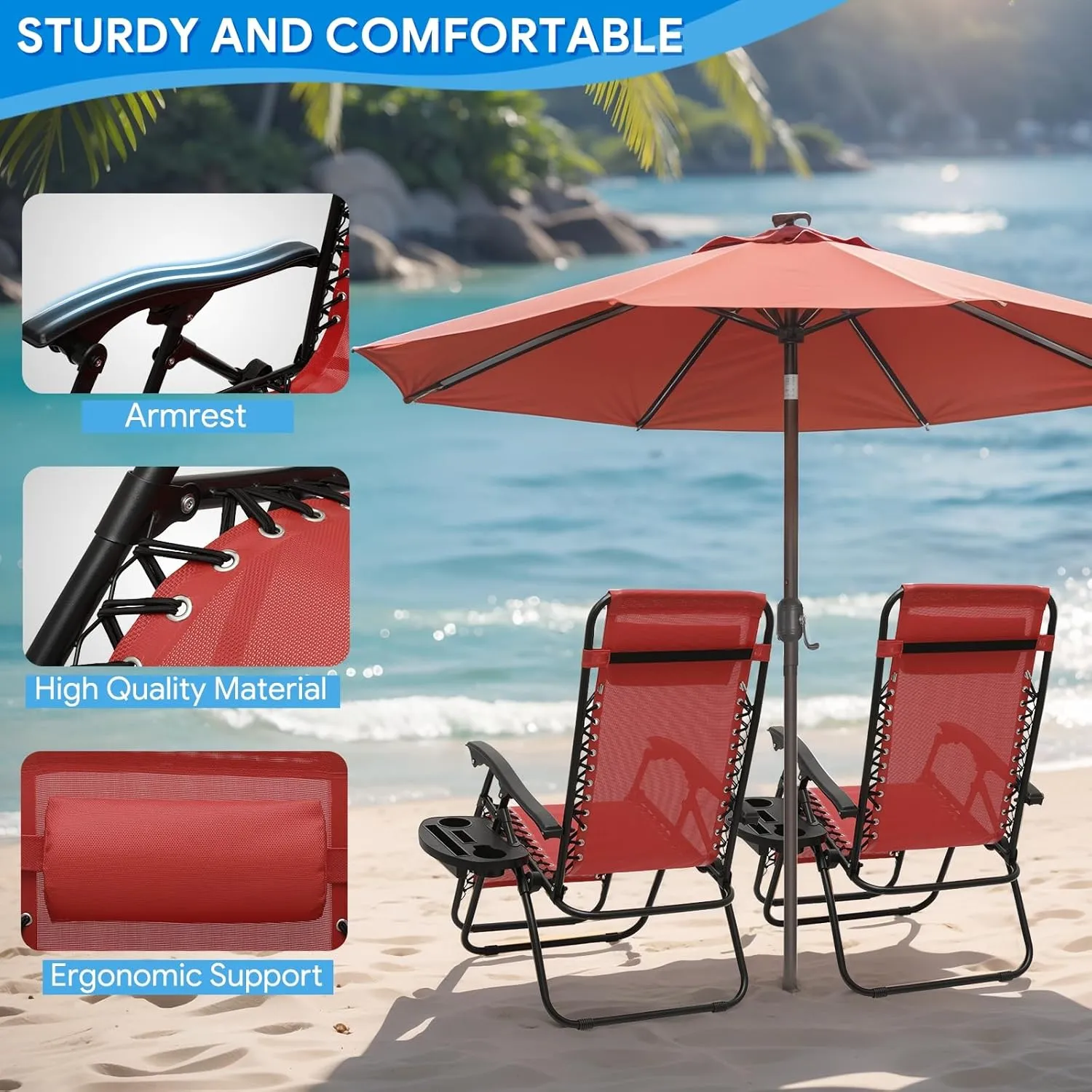 2 pcs Zero Gravity Lounge Chair, Foldable Patio Recliners with Cup Holder Tray & Ergonomic Headrest for Outdoor, Beach, Camping, CAAP-BCC-C2P-MR