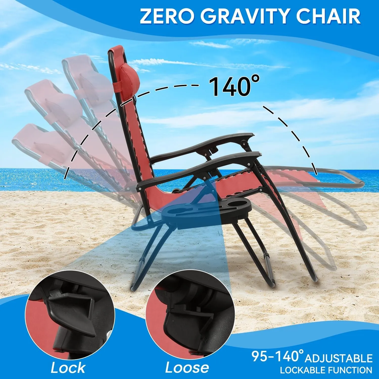 2 pcs Zero Gravity Lounge Chair, Foldable Patio Recliners with Cup Holder Tray & Ergonomic Headrest for Outdoor, Beach, Camping, CAAP-BCC-C2P-MR