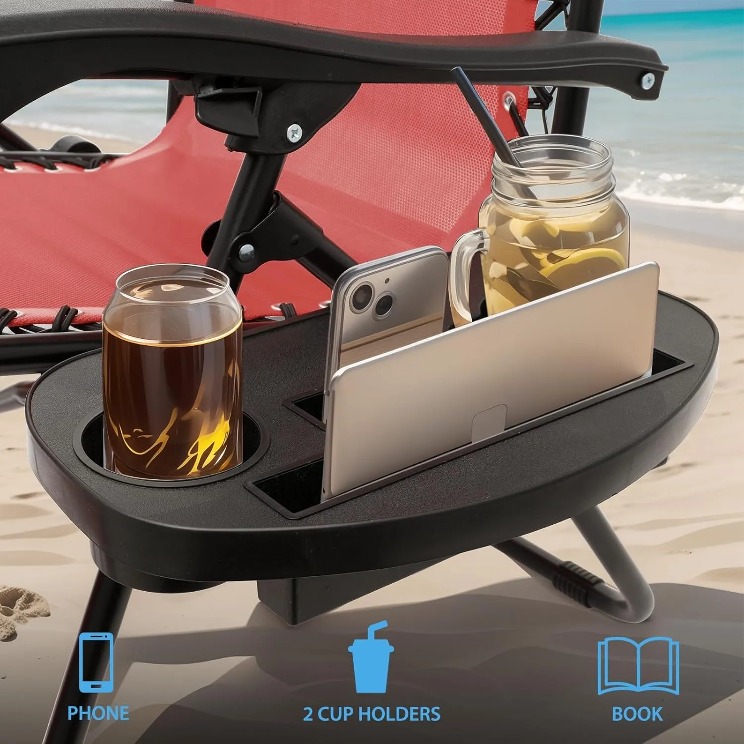 2 pcs Zero Gravity Lounge Chair, Foldable Patio Recliners with Cup Holder Tray & Ergonomic Headrest for Outdoor, Beach, Camping, CAAP-BCC-C2P-MR