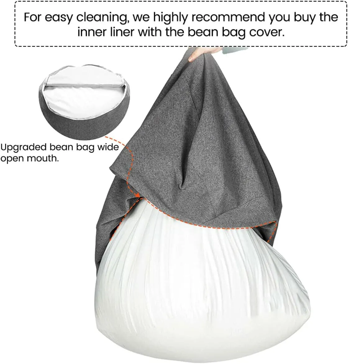 2Pack Bean Bag Chair Inner Liner No Filler Bean Bag Insert Replacement Removable Zipper Opening Bean Bag Inner Liner Easy to Clean Inner Liners for Bean Bag Chair Cover (2, L 39.3x47.2in)