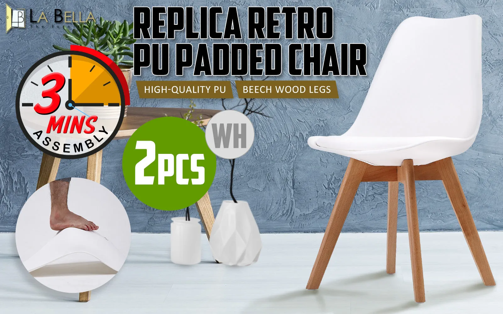 2X Retro Dining Cafe Chair Padded Seat WHITE