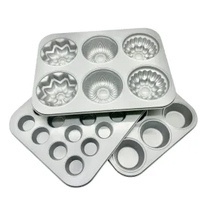 3-Piece Multicolor Metal Mini-Cake, Muffin and Cupcake Baking Pan Set