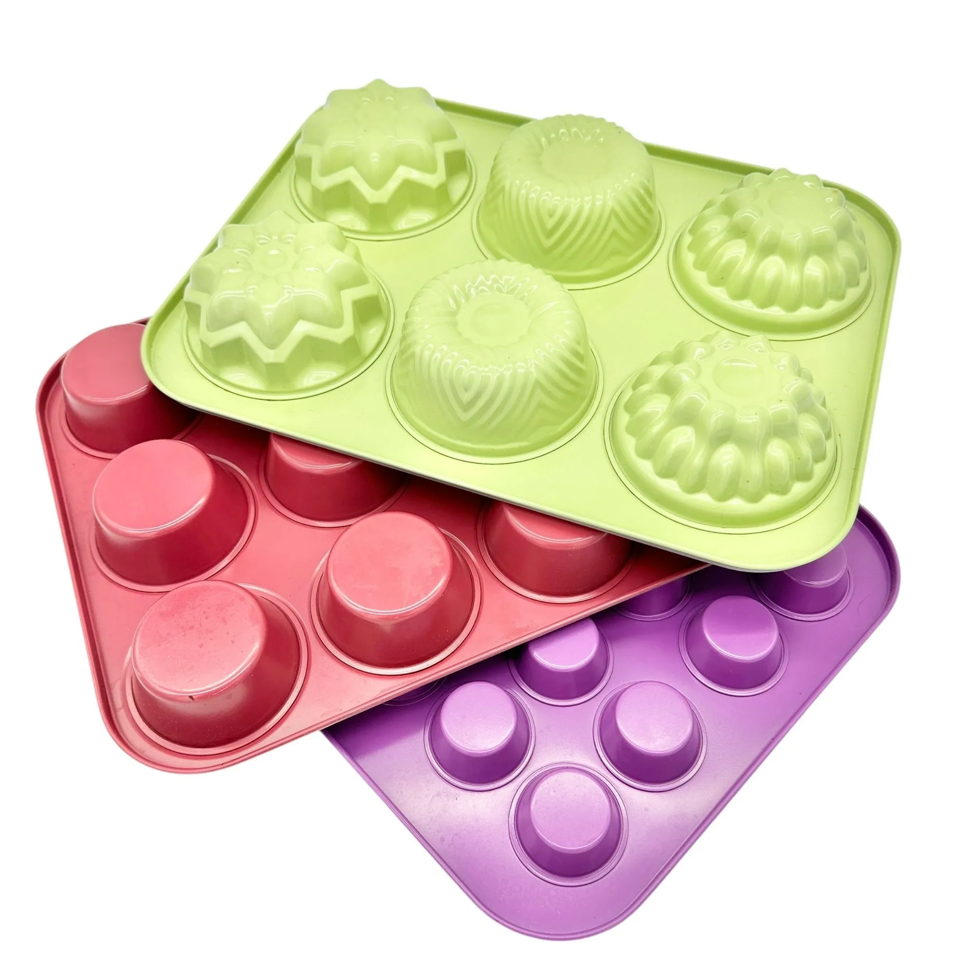 3-Piece Multicolor Metal Mini-Cake, Muffin and Cupcake Baking Pan Set