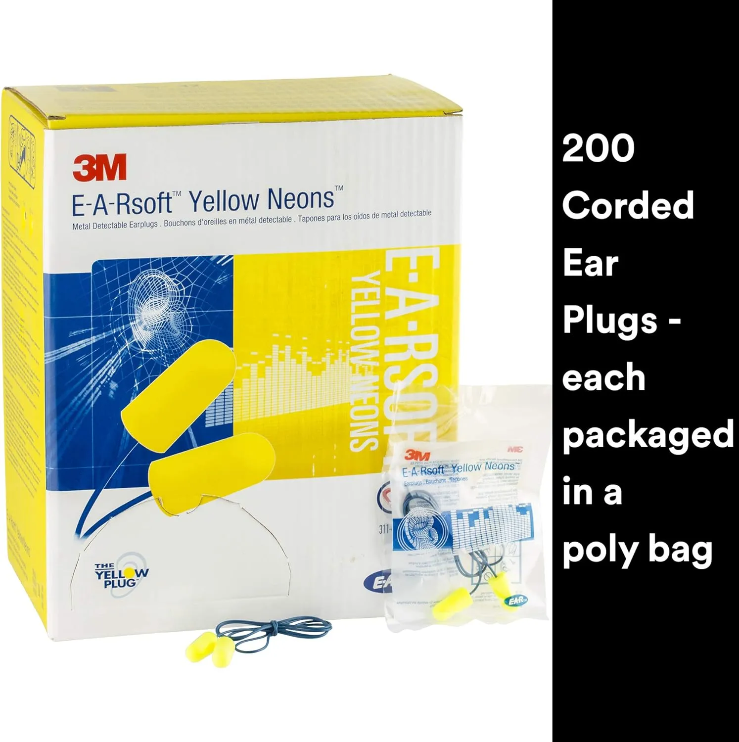 3M Ear Plugs, E-A-Rsoft Yellow Neons 311-4106, Metal Detectable Cord, 200 Pair of Disposable Earplugs, Pairs Wrapped, Regular Size, Corded, 32 NRR, Tapered Cylinder Shape, Slow Recovery Foam