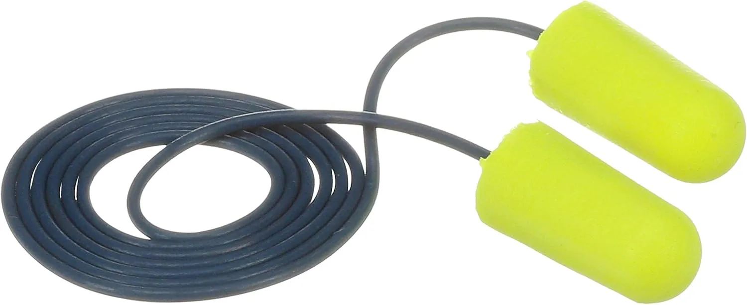 3M Ear Plugs, E-A-Rsoft Yellow Neons 311-4106, Metal Detectable Cord, 200 Pair of Disposable Earplugs, Pairs Wrapped, Regular Size, Corded, 32 NRR, Tapered Cylinder Shape, Slow Recovery Foam