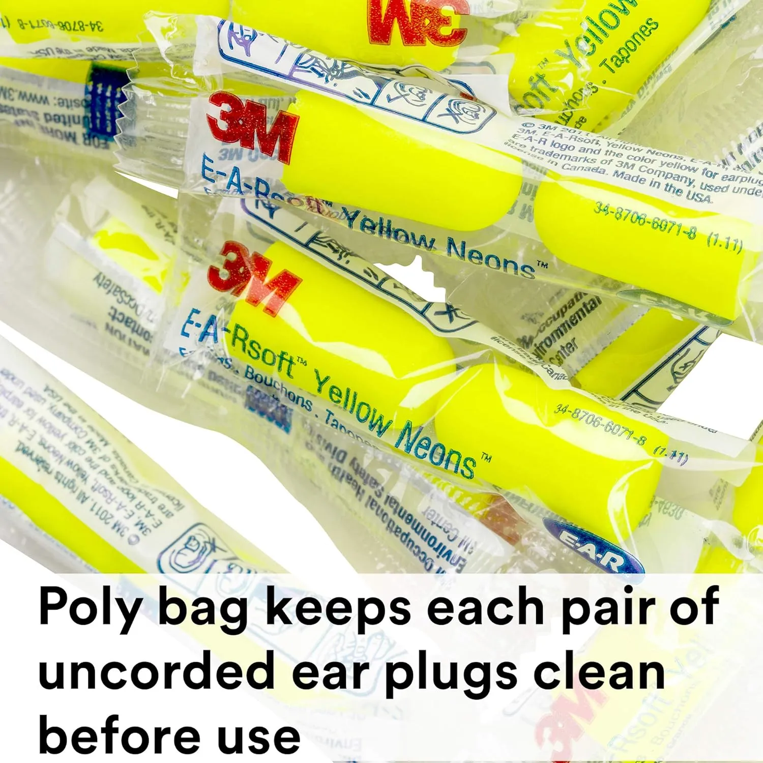3M Ear Plugs, E-A-Rsoft Yellow Neons 315-1251, 200 Pair of Disposable Earplugs, Pairs Individually Wrapped, Slightly Longer, Uncorded, 33 NRR, Tapered Cylinder Shape, Slow Recovery Foam