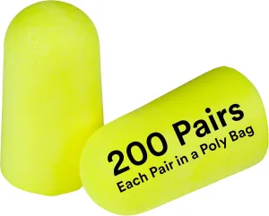 3M Ear Plugs, E-A-Rsoft Yellow Neons 315-1251, 200 Pair of Disposable Earplugs, Pairs Individually Wrapped, Slightly Longer, Uncorded, 33 NRR, Tapered Cylinder Shape, Slow Recovery Foam