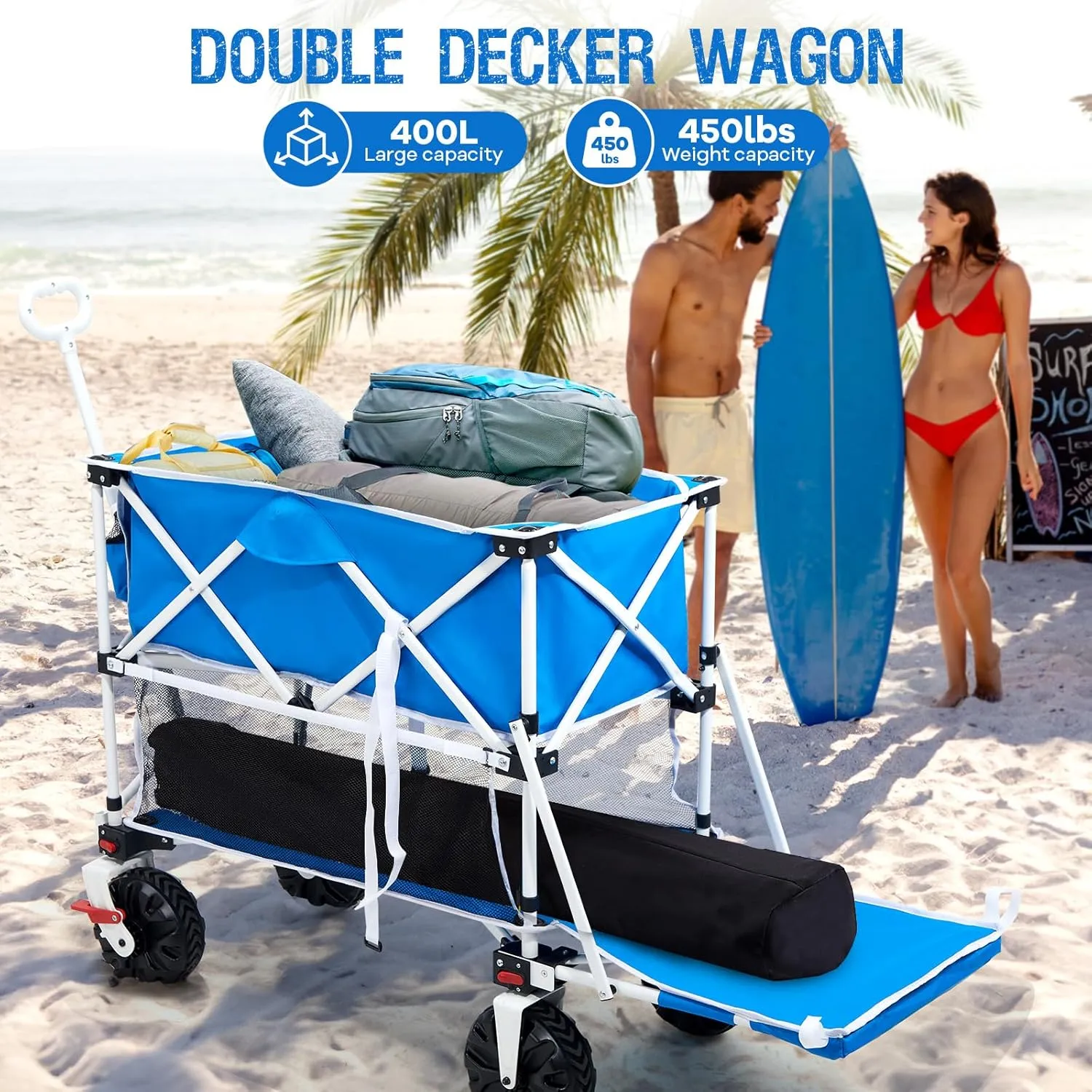 400L Collapsible Double Decker Beach Wagon with Brakes, Folding Beach Cart with 54" Extra Long Decker, 450LBS Heavy Duty Wagon Chart with All-Terrain Big Wheels for Sand Camping Garden