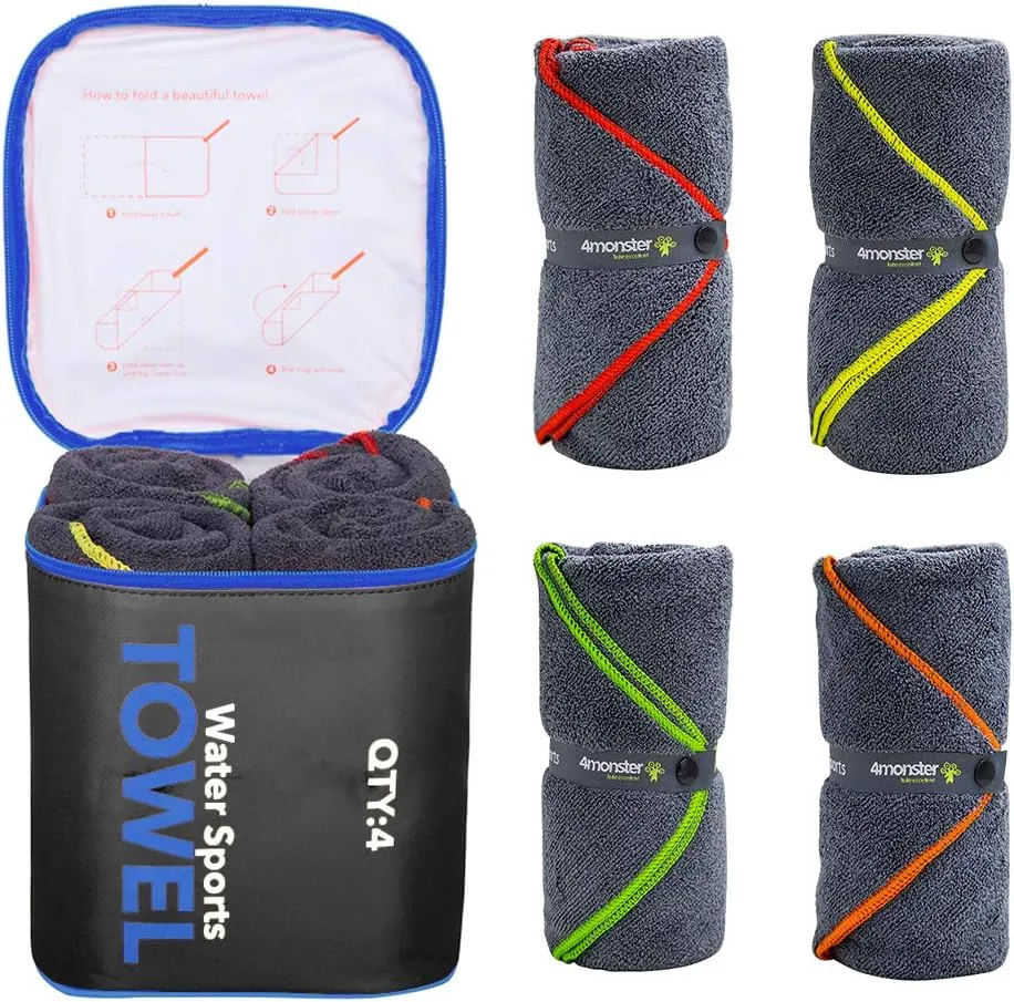 4Monster 4 Pack Microfiber Camping Towel Quick Dry, Super Absorbent Travel Towel with Waterproof Bag, Lightweight Boat Towel for RV, Sport, Gym, Beach, Pool, Swim,Family Trip