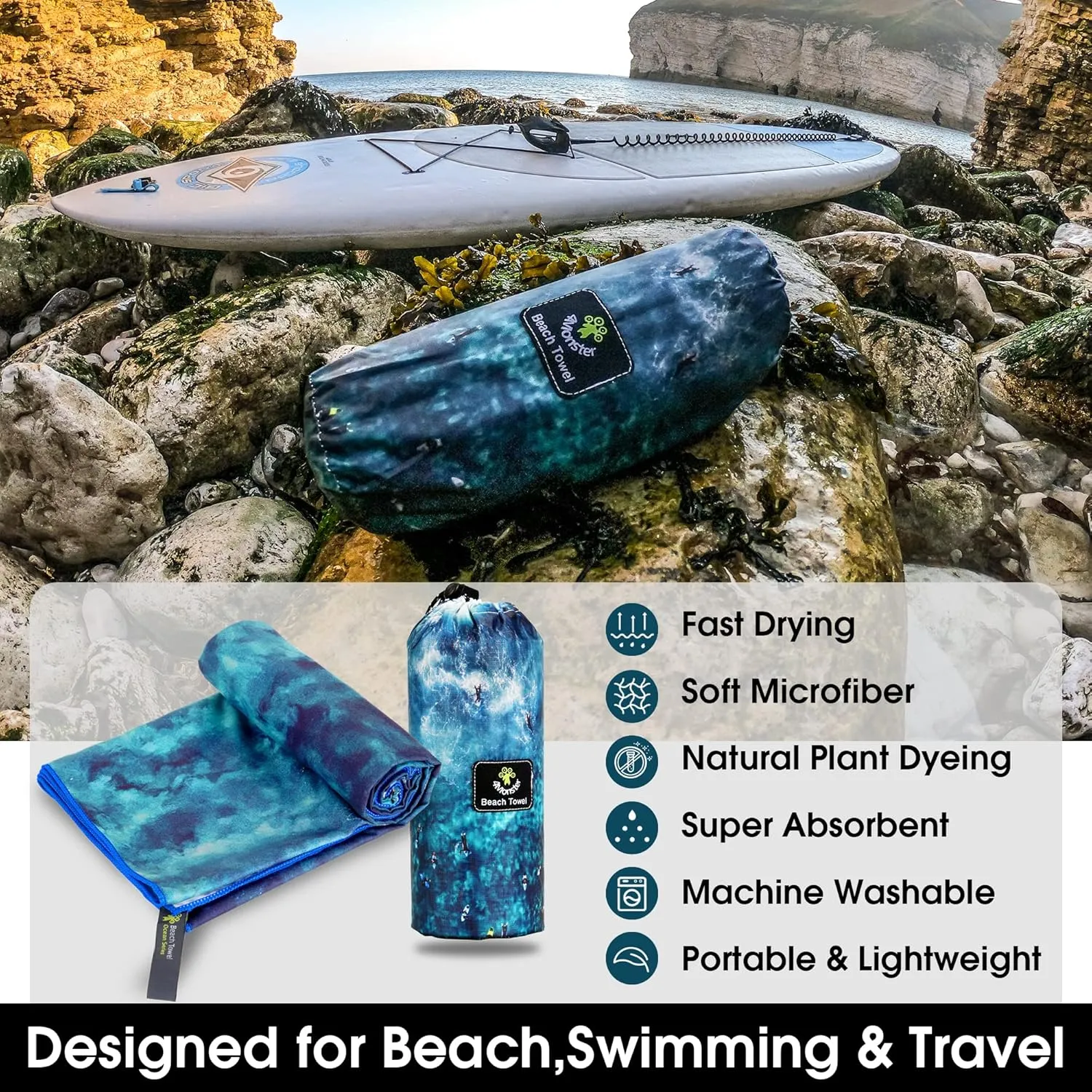 4Monster Microfiber Beach Towel Quick Dry,Super Absorbent Lightweight Travel Towel for Swimmers, Sand Free Camping Towel, Beach Towels for Pool, Swim, Water Sports,Yoga,Gym,Backpacking