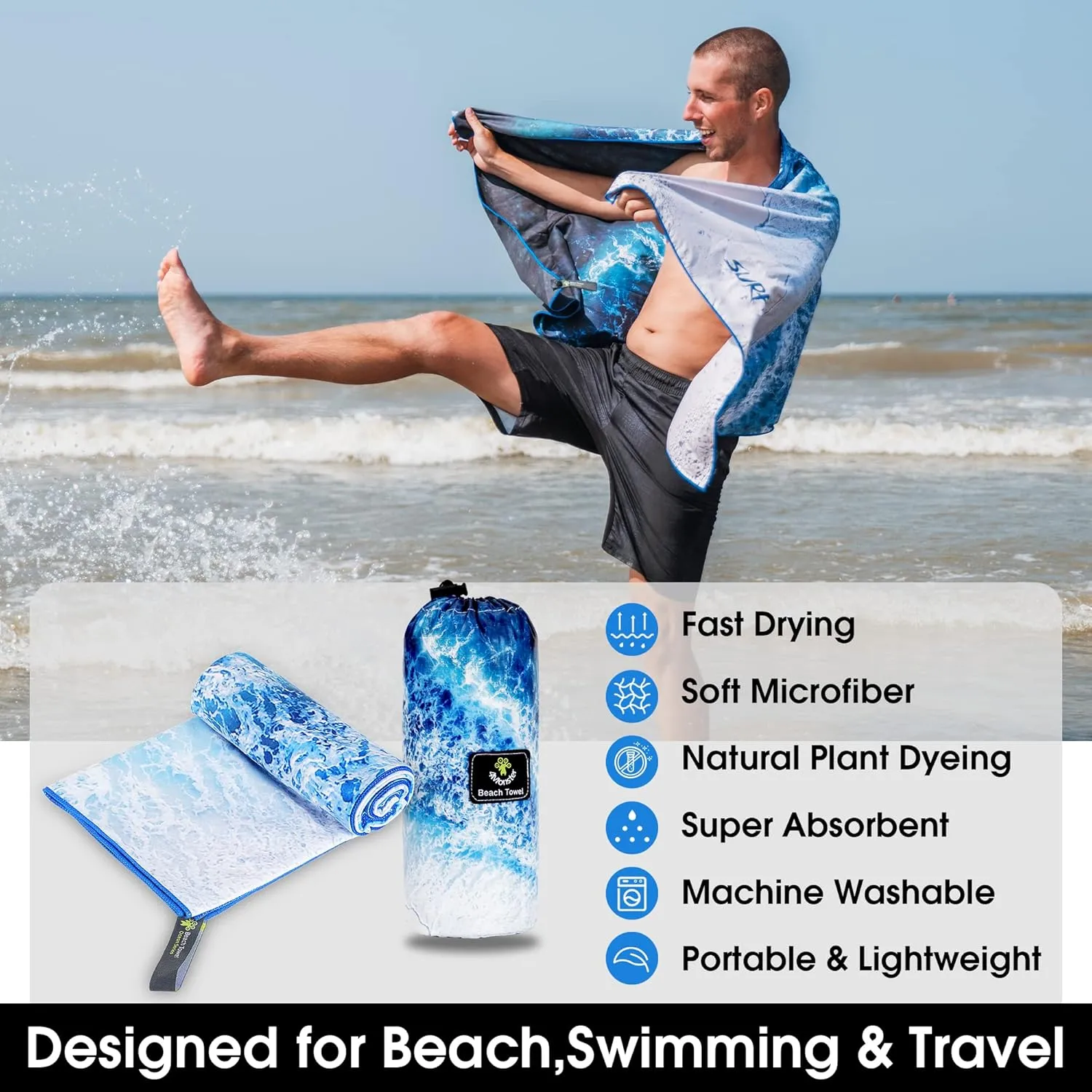 4Monster Microfiber Beach Towel Quick Dry,Super Absorbent Lightweight Travel Towel for Swimmers, Sand Free Camping Towel, Beach Towels for Pool, Swim, Water Sports,Yoga,Gym,Backpacking