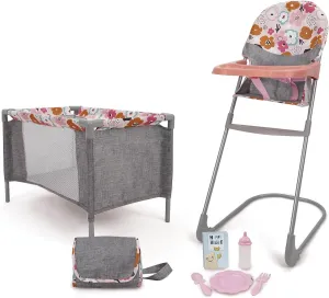 509 Crew: Melange Flora - at Home 8 Piece Set - Highchair, Play Yard, Shoulder Bag, 5pc Feeding Accessories, Fits Dolls Up to 18", Doll Toys, Kids 3 