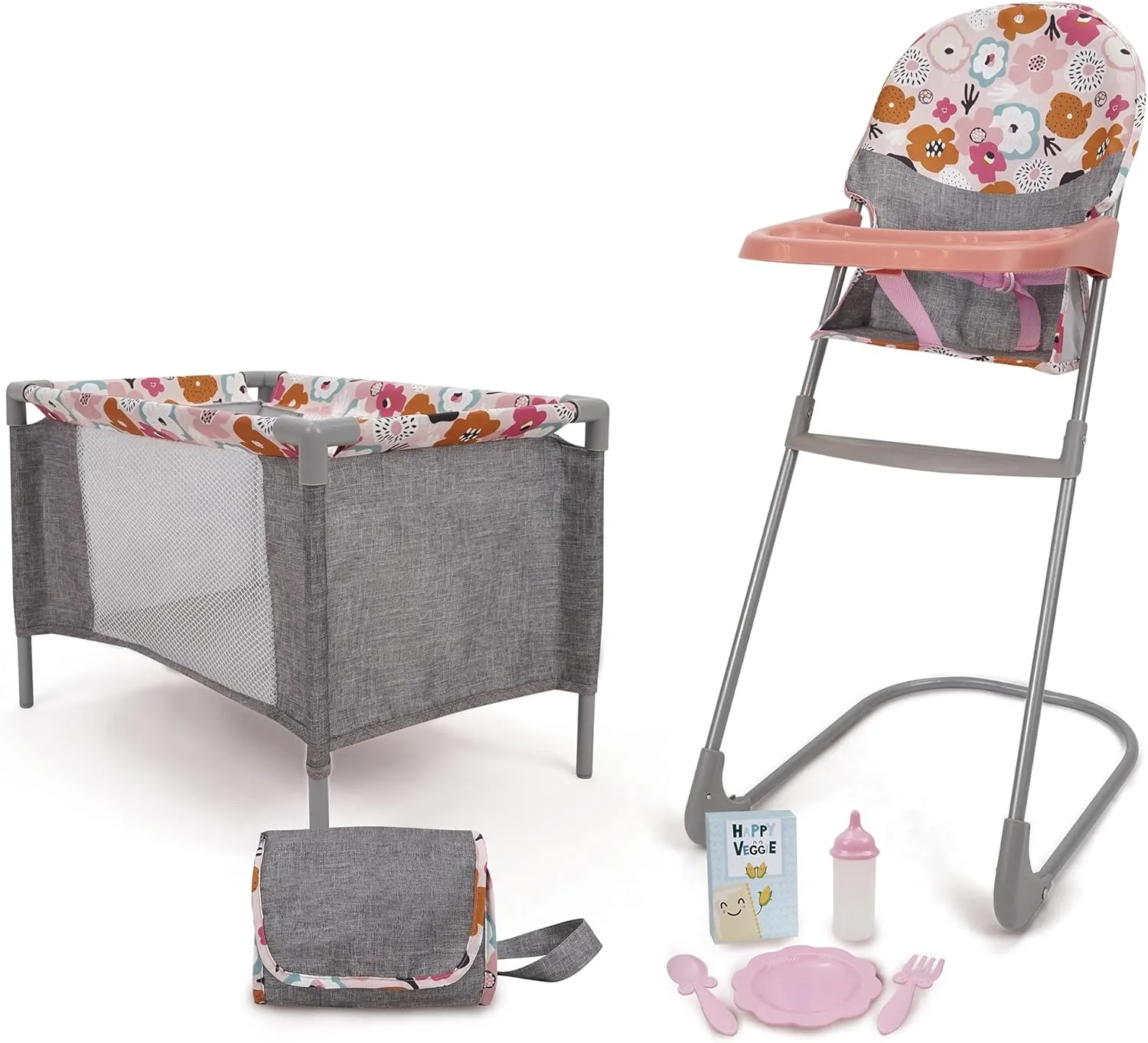 509 Crew: Melange Flora - at Home 8 Piece Set - Highchair, Play Yard, Shoulder Bag, 5pc Feeding Accessories, Fits Dolls Up to 18", Doll Toys, Kids 3 
