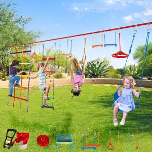 50ft Ninja Warrior Obstacle Course for Kids with Swing, Ninja Course for Kids Outside with 11 Accessories--Trapeze Swing, Climbing Net, Rope Ladder, Outdoor Playset with Monkey Bars