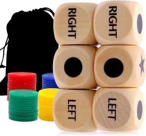 55 Pcs Left Right Center Dice Game Set，Include 6 1-inch Wooden Dices and 48 Pcs Chips, with Drawstring Bag, Easy to Store and Carry Around, Convenient for Travel