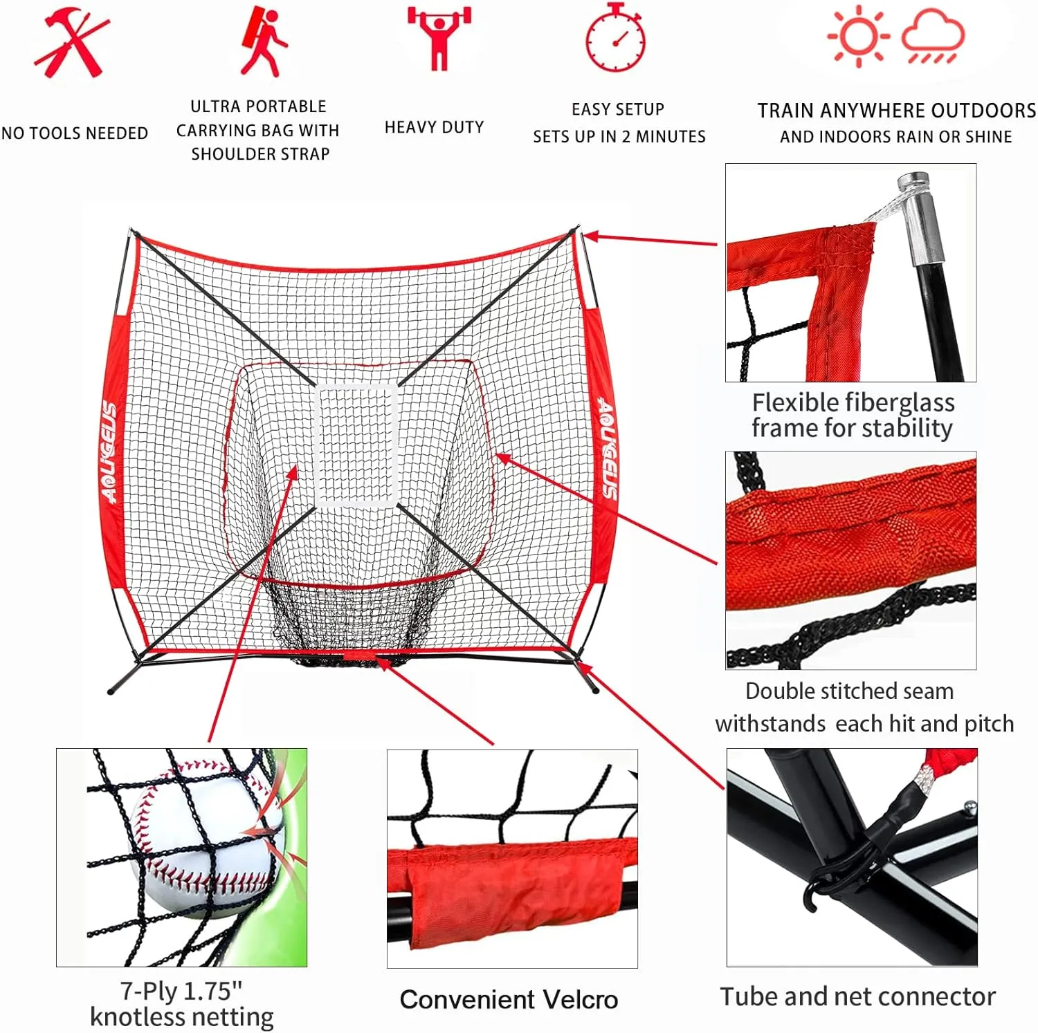 7'X7' Baseball Softball Practice Net,Pitching Net,Batting Net,with Baseball Tee,Bonus Strike Zone and Bow Frame,for Hitting,Pitching, Catching