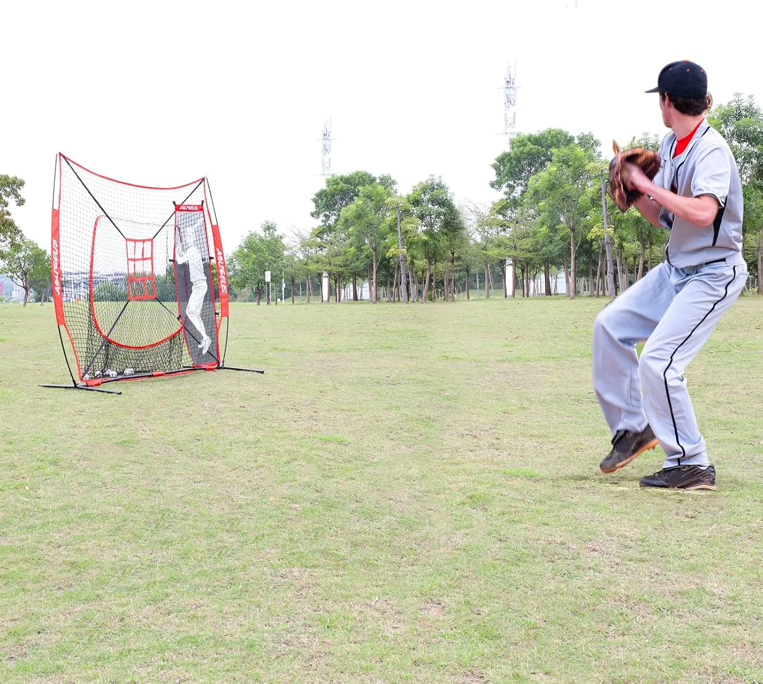 7'X7' Baseball Softball Practice Net,Pitching Net,Batting Net,with Baseball Tee,Bonus Strike Zone and Bow Frame,for Hitting,Pitching, Catching