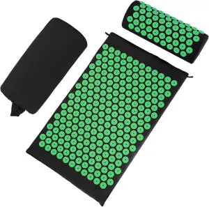 Acupressure Mat Set, Acupuncture Point Massage Pillow, Relieving Back and Neck Pain, Muscle Relaxation and Stress Reduction, Sciatica Relief, Suitable for Men and Women, Carry a Handbag, Black Green