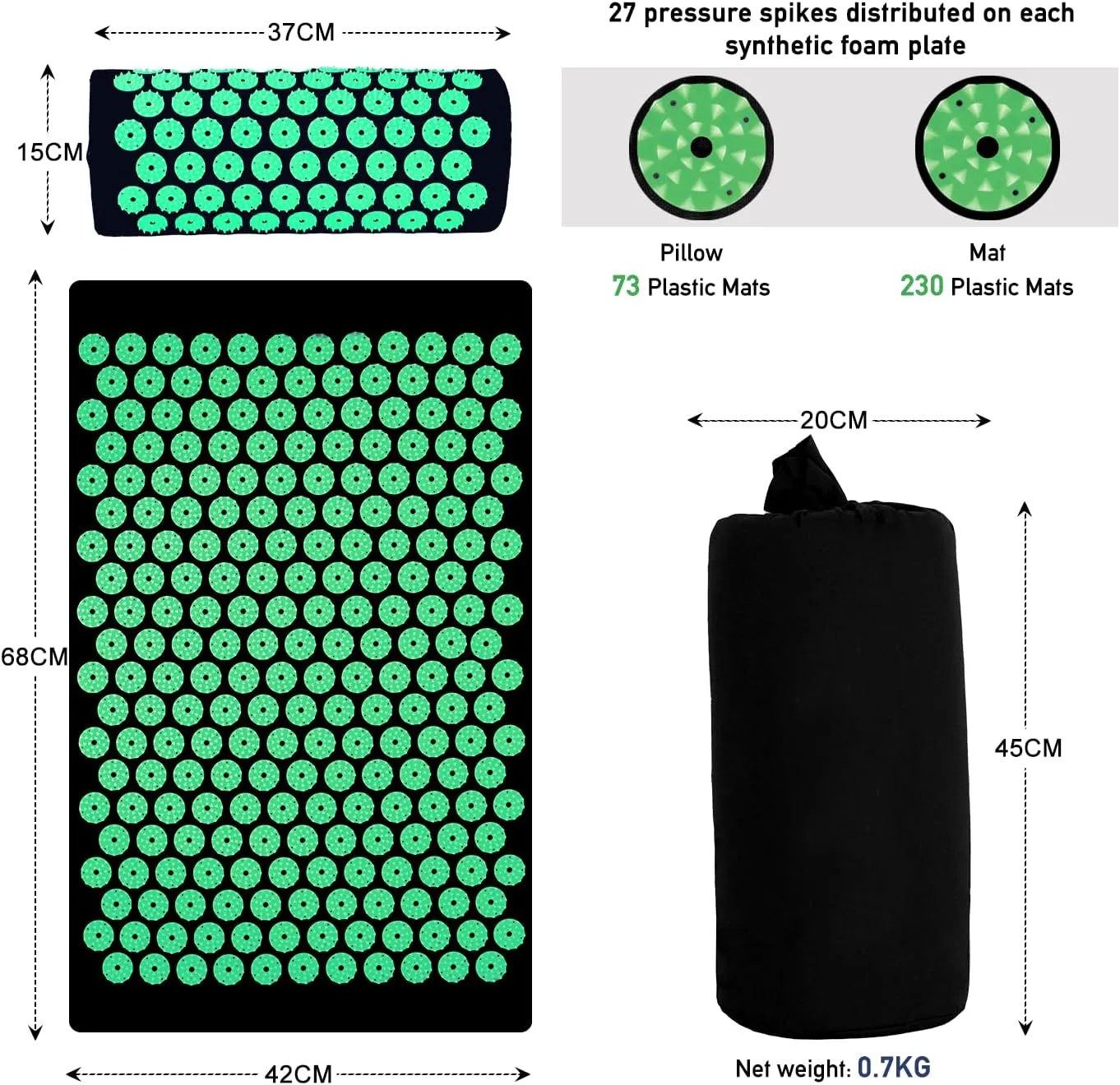 Acupressure Mat Set, Acupuncture Point Massage Pillow, Relieving Back and Neck Pain, Muscle Relaxation and Stress Reduction, Sciatica Relief, Suitable for Men and Women, Carry a Handbag, Black Green
