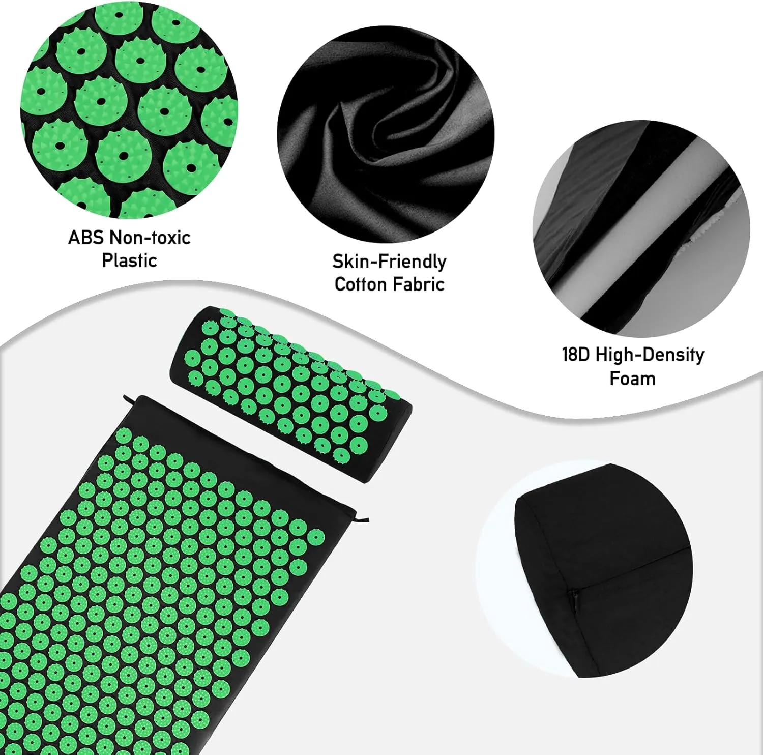 Acupressure Mat Set, Acupuncture Point Massage Pillow, Relieving Back and Neck Pain, Muscle Relaxation and Stress Reduction, Sciatica Relief, Suitable for Men and Women, Carry a Handbag, Black Green