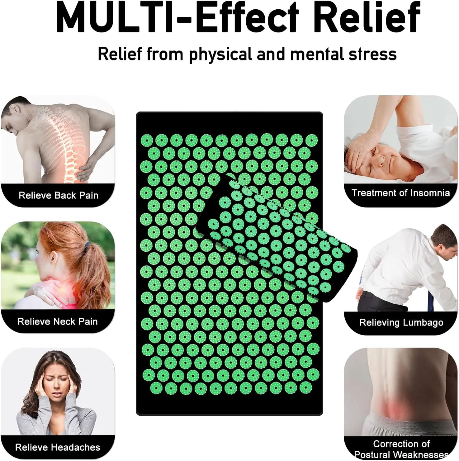 Acupressure Mat Set, Acupuncture Point Massage Pillow, Relieving Back and Neck Pain, Muscle Relaxation and Stress Reduction, Sciatica Relief, Suitable for Men and Women, Carry a Handbag, Black Green
