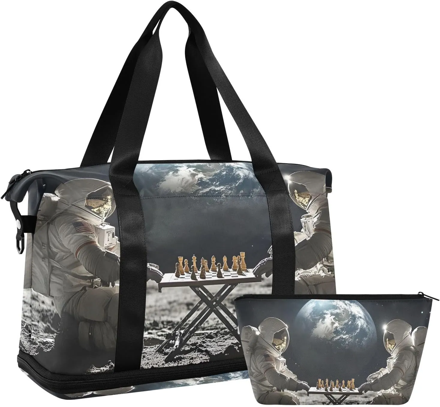 AIXIWAWA Duffel Bag Chess Astronaut Pattern for Travel Gym with Shoes Compartment Large Capacity with Toiletry Bag