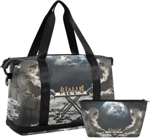 AIXIWAWA Duffel Bag Chess Astronaut Pattern for Travel Gym with Shoes Compartment Large Capacity with Toiletry Bag