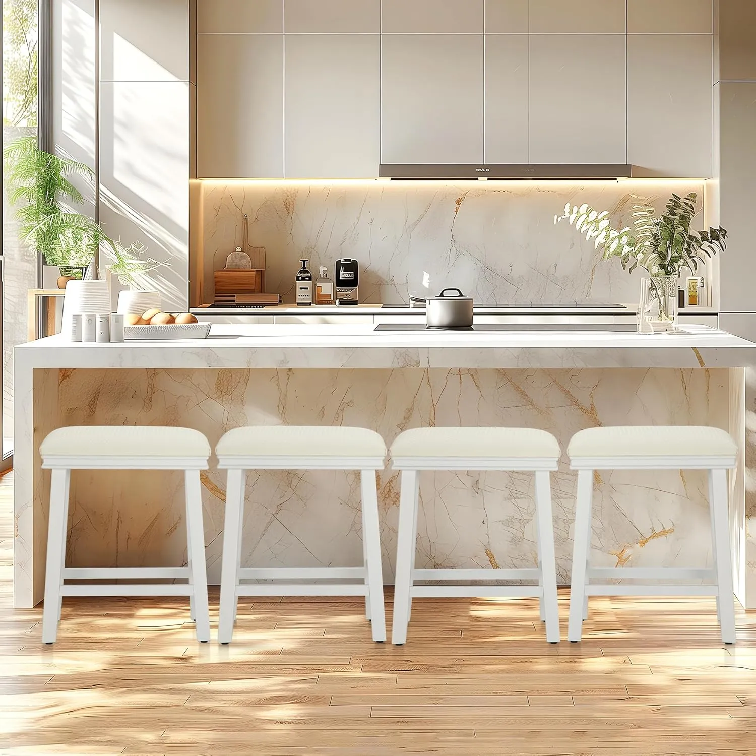 ALPHA HOME 24" Bar Stools Set of 1, Solid Wood Kitchen Stools with PU Leather Cushion Counter Height Bar Stools for Indoor, Off-White Seat and White Legs, 1PCS
