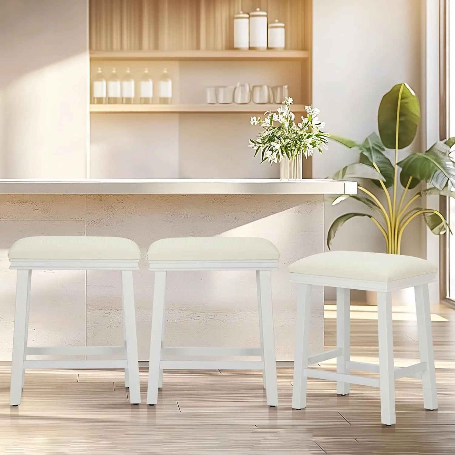 ALPHA HOME 24" Bar Stools Set of 1, Solid Wood Kitchen Stools with PU Leather Cushion Counter Height Bar Stools for Indoor, Off-White Seat and White Legs, 1PCS